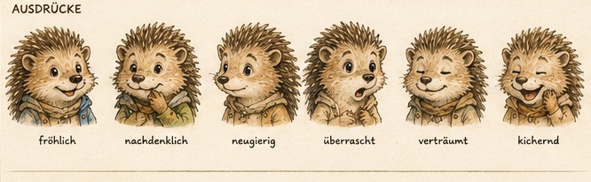 Emil fröhlich, nachdenklich, neugierig, überrascht, verträumt und kichernd
