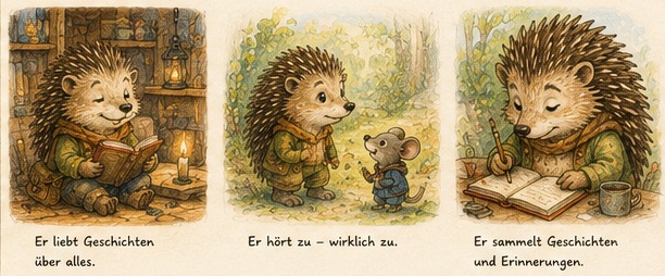Emil liest Geschichten, hört einem Freund zu und sammelt Beobachtungen in seinem Buch