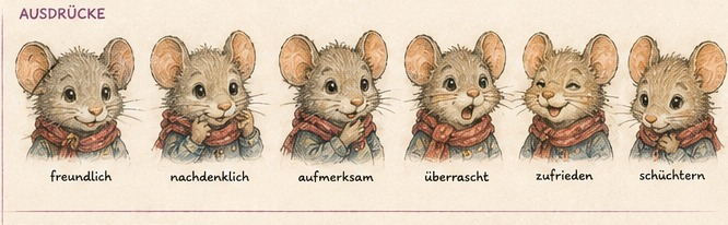 Frieda freundlich, nachdenklich, aufmerksam, überrascht, zufrieden und schüchtern