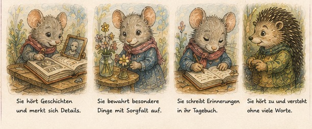 Frieda betrachtet ein Familienalbum, bewahrt Blumen, schreibt Erinnerungen auf und hört Emil zu