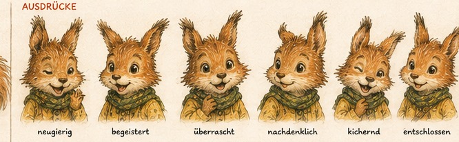 Leni neugierig, begeistert, überrascht, nachdenklich, kichernd und entschlossen