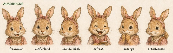 Mila mit freundlichen, mitfühlenden, nachdenklichen, erfreuten, besorgten und entschlossenen Gesichtsausdrücken
